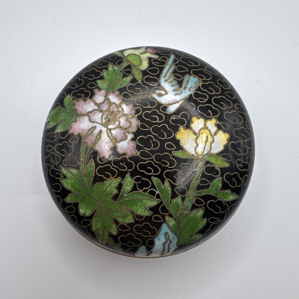 Chinese Cloisonne Small Lidded Powder Jar Enamel Floral Bird‎ Trinket Vintage